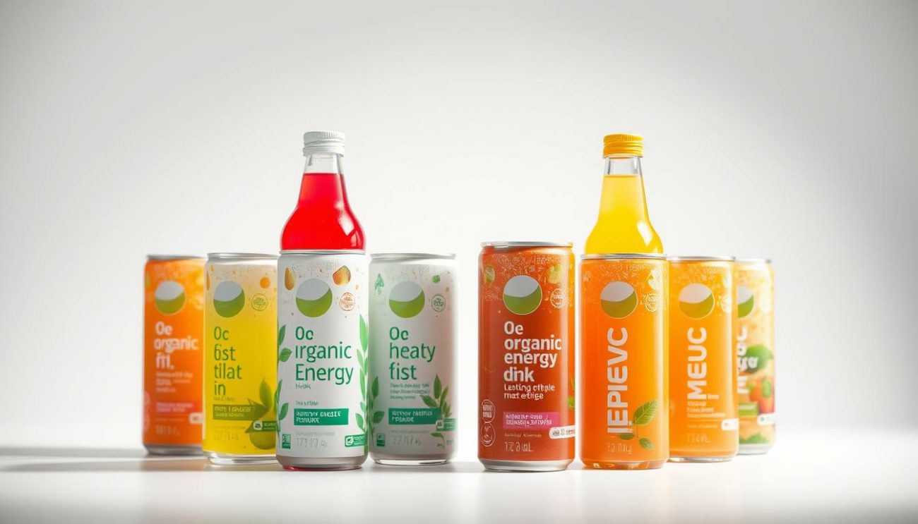 A brightly lit, high-resolution photograph of an assortment of export-ready organic energy drinks, staged against a clean, minimalist background. The drinks are showcased in a range of vibrant, appealing colors, with sleek, modern packaging that highlights their healthy, sustainable credentials. The lighting is soft and even, accentuating the natural ingredients and glossy textures of the products. The composition is balanced and visually striking, drawing the viewer's attention to the beverages' visual appeal and premium quality. The image conveys a sense of freshness, vitality, and professionalism, capturing the essence of a reliable, export-ready organic energy drink partner.