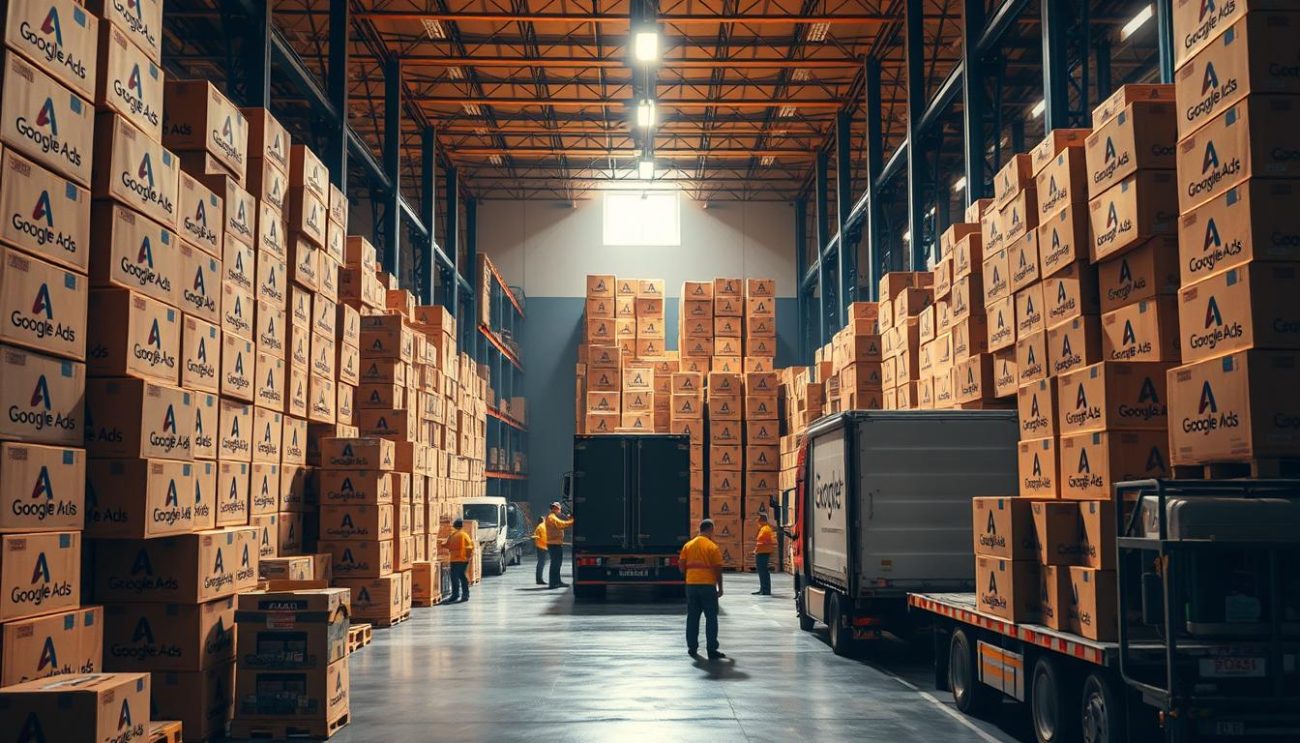 A brightly lit warehouse interior, filled with towering stacks of cardboard boxes, each emblazoned with the iconic Google Ads logo. In the foreground, a team of workers diligently organizing and loading the boxes onto a fleet of delivery trucks, ready to dispatch the latest Google Ads keyword research tools to eager customers. The scene is bathed in warm, directional lighting, casting dynamic shadows and highlights that accentuate the streamlined, efficient workflow. The overall atmosphere conveys a sense of productivity, innovation, and the seamless integration of cutting-edge digital marketing technology with the physical world of logistics and distribution.