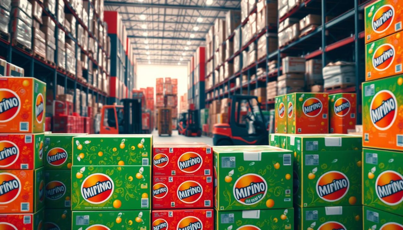 A brightly lit warehouse interior, with rows of neatly stacked Mirinda soda cases in the foreground. The cases feature a vibrant orange and red color scheme, showcasing the iconic Mirinda logo and branding. In the middle ground, forklifts are loading the cases onto pallets, ready for shipment. The background is filled with towering shelves and the organized chaos of a well-oiled distribution center. The lighting is crisp and directional, casting shadows that accentuate the three-dimensional nature of the packaging. The overall scene conveys a sense of efficiency, quality, and the variety of Mirinda product formats available to wholesale customers.