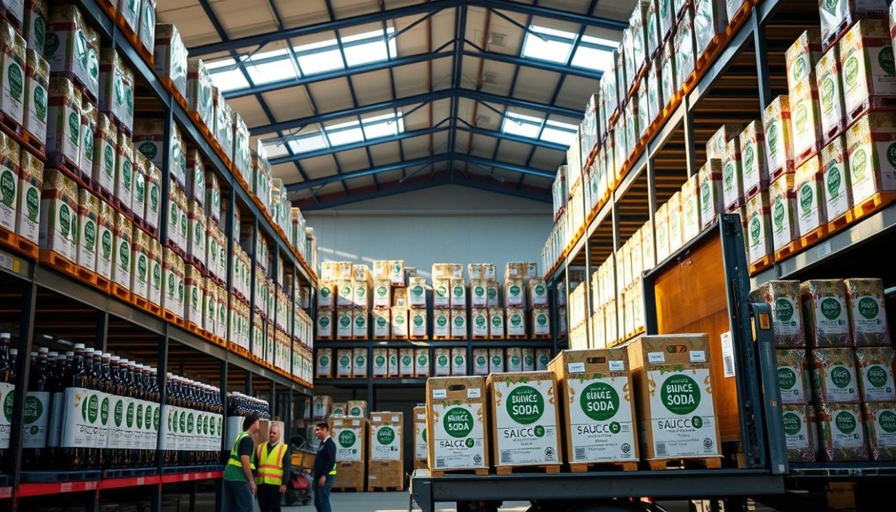 A brightly lit warehouse interior, with rows of neatly stacked and organized bulk packages of sugar-free organic soda. The packages are arranged on sturdy metal shelves, casting long shadows that create a sense of depth and perspective. The soda bottles have a sleek, modern design with clean labels highlighting their organic and sugar-free credentials. In the foreground, a team of warehouse workers are carefully loading the packages onto a waiting delivery truck, ensuring the products are handled with care. The overall scene conveys a sense of efficiency, quality, and a commitment to providing healthy soda options to consumers.