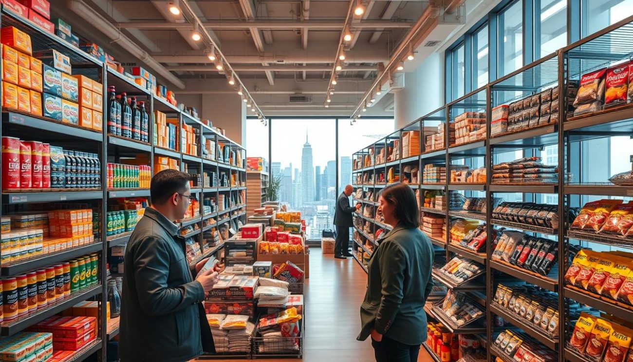 A bustling B2B wholesale showroom, filled with an assortment of products neatly displayed on sleek steel shelves. Warm, directional lighting illuminates the scene, casting a professional ambiance. In the foreground, a sales representative engages with a customer, discussing the quality and features of the items. The middle ground showcases various packaged goods, ranging from energy drinks to snacks, all meticulously organized. In the background, a large window provides a view of a modern city skyline, hinting at the global reach of the wholesale solutions on offer. The overall atmosphere conveys efficiency, reliability, and a commitment to serving the needs of B2B clients.