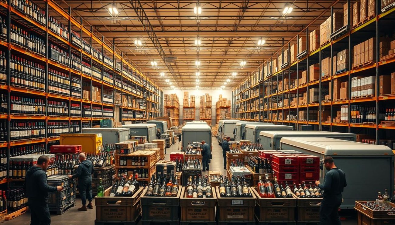A bustling European alcohol distribution center, illuminated by warm overhead lighting. In the foreground, a team of workers diligently organizing and loading crates of premium alcoholic beverages onto delivery trucks. The middle ground showcases a diverse array of bottles and labels, representing the breadth of the distributor's inventory. In the background, a modern warehouse facility with towering shelves, conveyor belts, and state-of-the-art storage systems. The atmosphere exudes efficiency, professionalism, and a commitment to delivering high-quality products to a wide range of European markets.
