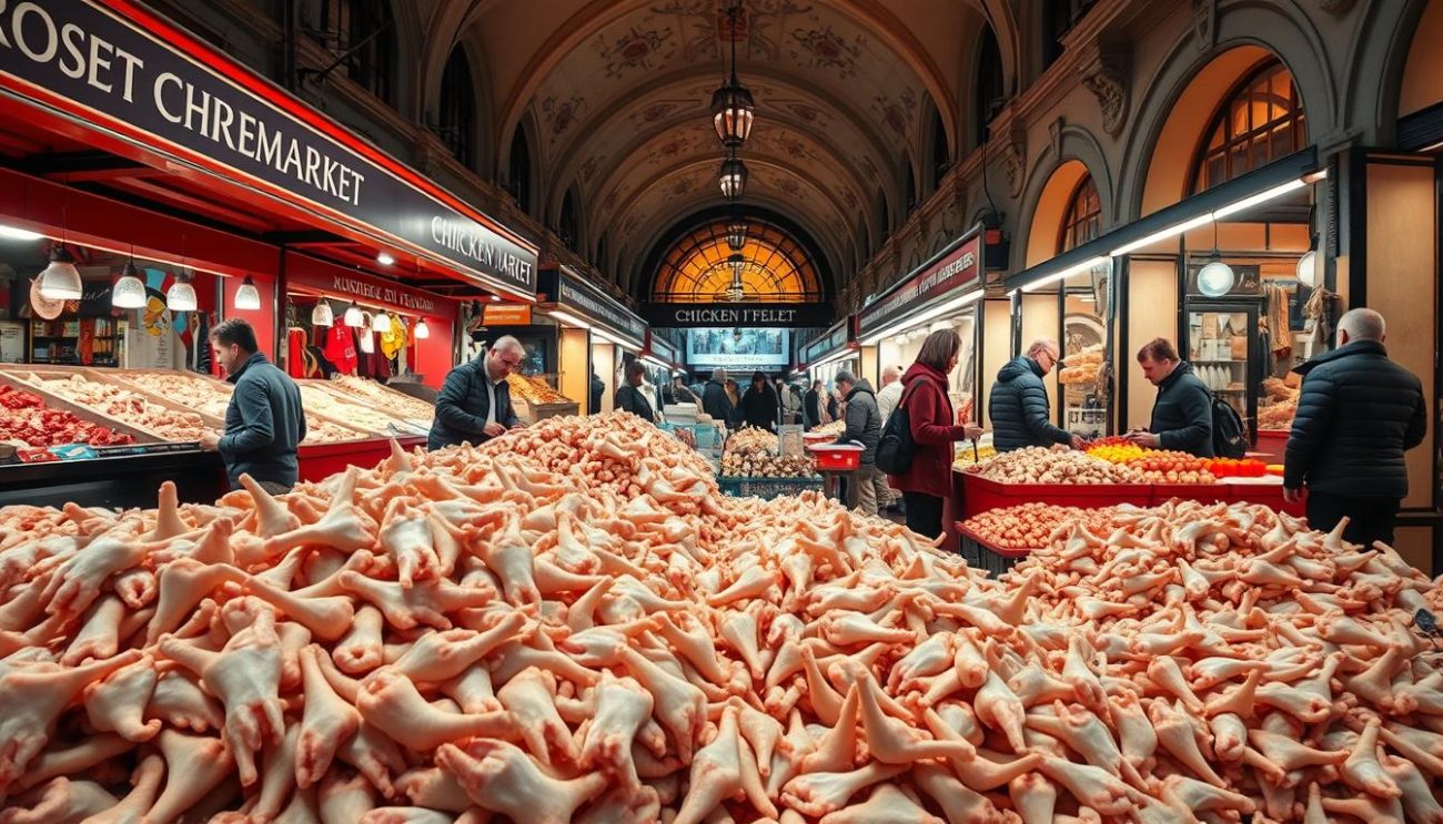 A bustling European chicken feet market, with vendors displaying their wares in vibrant stalls. In the foreground, piles of fresh, frozen chicken feet await eager buyers, their textures and colors captured in striking detail. The middle ground features the lively atmosphere, with shoppers haggling and merchants calling out their prices under the warm glow of overhead lighting. In the background, the market's architectural features, such as decorative facades and archways, create a sense of old-world charm. The overall scene conveys the vibrant, thriving nature of this unique culinary hub, where the demand for this specialty ingredient is palpable.