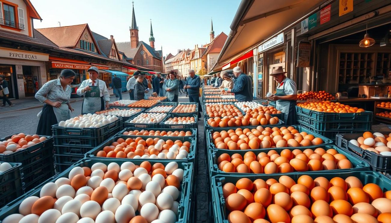 A bustling European egg market, with rows of stalls displaying an array of fresh brown and white eggs. The foreground features crates overflowing with neatly arranged eggs, their shells glistening under the warm, natural lighting. In the middle ground, vendors in traditional aprons and hats engage with customers, negotiating prices and filling orders. The background depicts a quaint, historic European town, with cobblestone streets, colorful buildings, and the occasional church steeple peeking out. The atmosphere is lively and vibrant, capturing the essence of a thriving local egg trade. The scene is captured with a wide-angle lens, providing a comprehensive view of the market's activities.