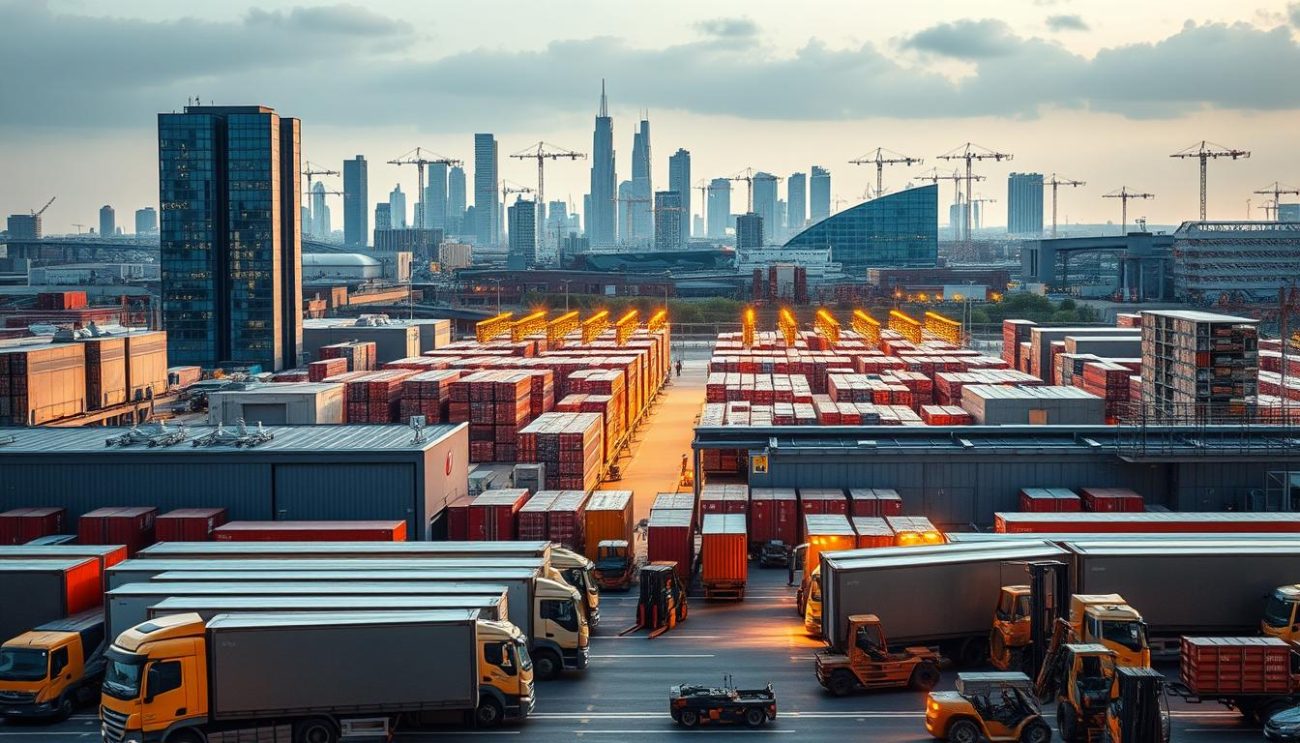 A bustling European logistics hub set against a modern cityscape. In the foreground, a fleet of delivery trucks and forklifts efficiently loading and unloading cargo containers. In the middle ground, a sprawling distribution center with towering shelves and automated systems, bathed in warm, directional lighting. In the background, a skyline of sleek, glass-paneled high-rises and cranes dotting the horizon, conveying the scale and interconnectedness of the European logistics network. The scene exudes a sense of productivity, efficiency, and the seamless integration of technology and infrastructure that powers the distribution of goods across the continent.