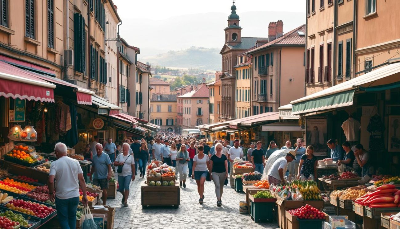 A bustling European marketplace, sun-dappled cobblestone streets lined with colorful stalls and vendor carts. In the foreground, an array of vibrant produce, artisanal wares, and traditional handicrafts. Shoppers weave through the lively crowd, admiring the diverse offerings. In the middle ground, historic buildings with ornate facades loom, their timeless architecture a testament to the region's rich cultural heritage. The background reveals rolling hills and distant mountains, hinting at the expansive European landscape beyond. Warm, golden lighting casts a serene, inviting atmosphere, capturing the essence of a thriving, interconnected European market.