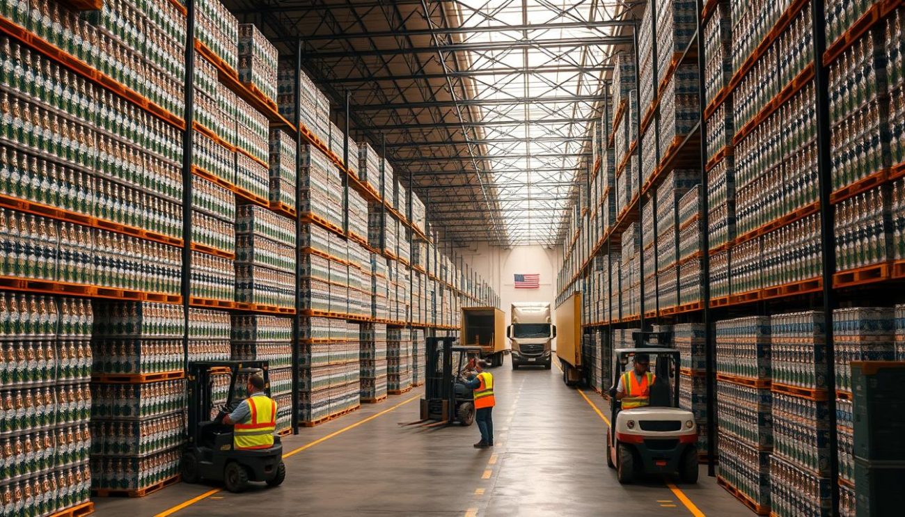A bustling European warehouse, bathed in warm, directional lighting. Rows of towering pallets stacked high, filled with sparkling water crates, ready for nationwide distribution. Forklifts deftly navigate the aisles, loading the goods onto waiting semi-trucks. Employees in hi-vis vests carefully inspect each pallet, ensuring secure packaging and efficient transportation. In the background, a web of logistics networks and shipping routes converge, connecting this hub to a wider continental supply chain. The scene conveys a sense of organized chaos, a well-oiled machine powering the wholesale distribution of refreshing beverages across the European market.