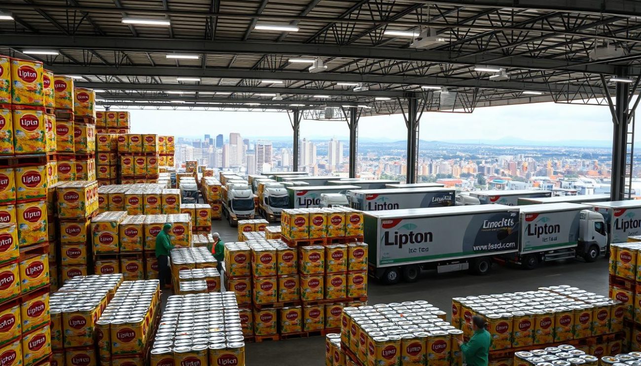 A bustling European warehouse, filled with stacks of Lipton ice tea cans ready for distribution. Crisp lighting illuminates the scene, highlighting the efficient organization of the pallets. In the foreground, workers carefully inspect the inventory, ensuring quality control before the shipment departs. The middle ground showcases a fleet of delivery trucks, their logos emblazoned on the sides, awaiting their cargo. In the background, a panoramic view of the city skyline hints at the widespread reach of this wholesale operation, catering to the growing demand for premium beverages across the continent.