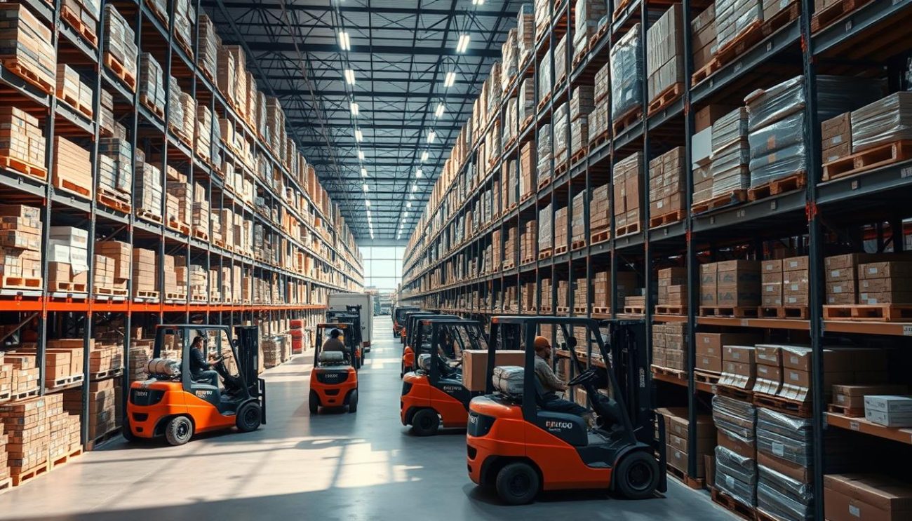 A bustling European warehouse, shelves stacked high with neatly organized wholesale goods, ready for distribution. Forklifts expertly navigate the aisles, loading pallets onto trucks with precision. Crisp, even lighting illuminates the scene, casting long shadows that accentuate the careful arrangement of the merchandise. The atmosphere is one of efficiency and reliability, conveying the trusted partnership between supplier and customer. In the background, the distant hum of activity echoes, hinting at the scale and scope of the B2B wholesale solutions on offer. This is a well-oiled machine, a dependable backbone supporting businesses across the continent.