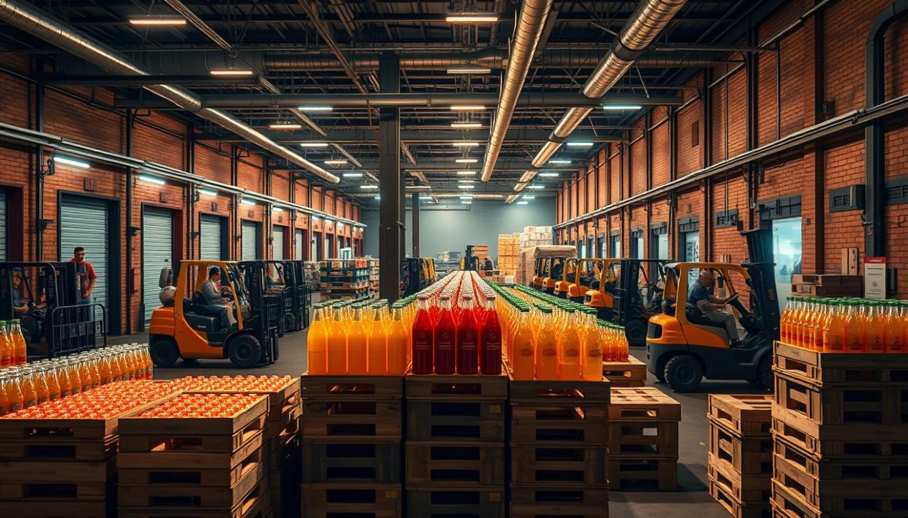 A bustling Italian distribution hub, with forklifts maneuvering pallets of glass bottles containing chilled, organic juices. Neon-lit loading docks and weathered brick walls create an industrial yet vibrant atmosphere. Stacks of crates in the foreground, meticulously arranged, ready to be transported to wholesalers across the country. Overhead, a network of pipes and conveyor belts transports the precious cargo, connecting this central node to a wider distribution web. Diffused, warm lighting casts long shadows, evoking a sense of efficiency and purpose in this well-oiled supply chain. The image should convey the strength of B2B partnerships that power the flow of high-quality, Italian-made beverages to consumers nationwide.