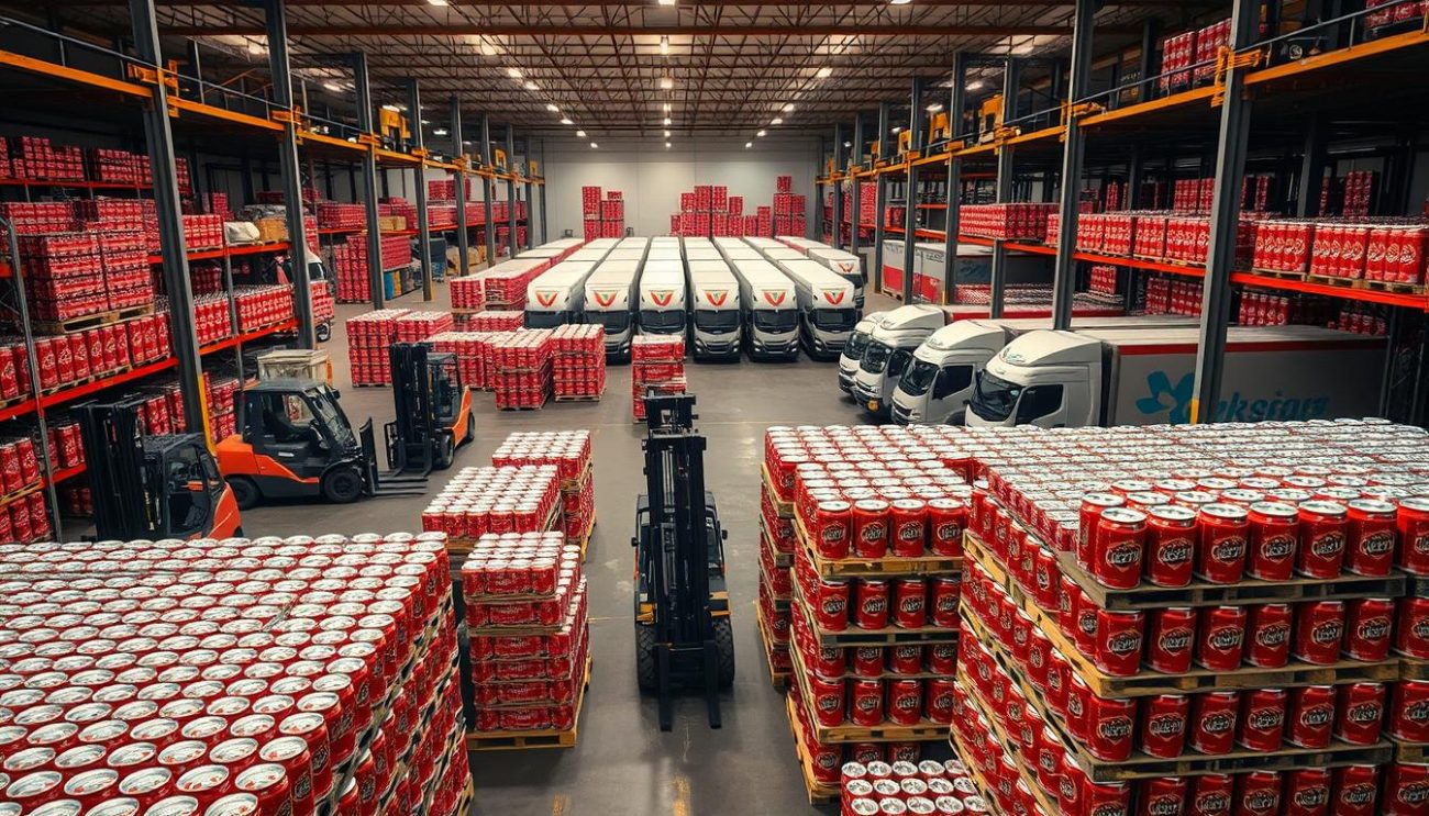 A bustling Italian energy drink distribution network unfolds before us. In the foreground, rows of pallets brimming with vibrant red cans are meticulously stacked, ready for dispatch. Forklifts expertly navigate the warehouse, their bright lights casting a warm glow over the scene. The middle ground reveals a maze of shelves and storage racks, housing an abundance of the coveted beverages. In the background, a fleet of delivery trucks stands poised, their logos proudly displayed, awaiting their cargo to be loaded. The atmosphere is one of efficiency and anticipation, as this well-oiled distribution system ensures the swift and reliable delivery of the sought-after energy drink across the nation.