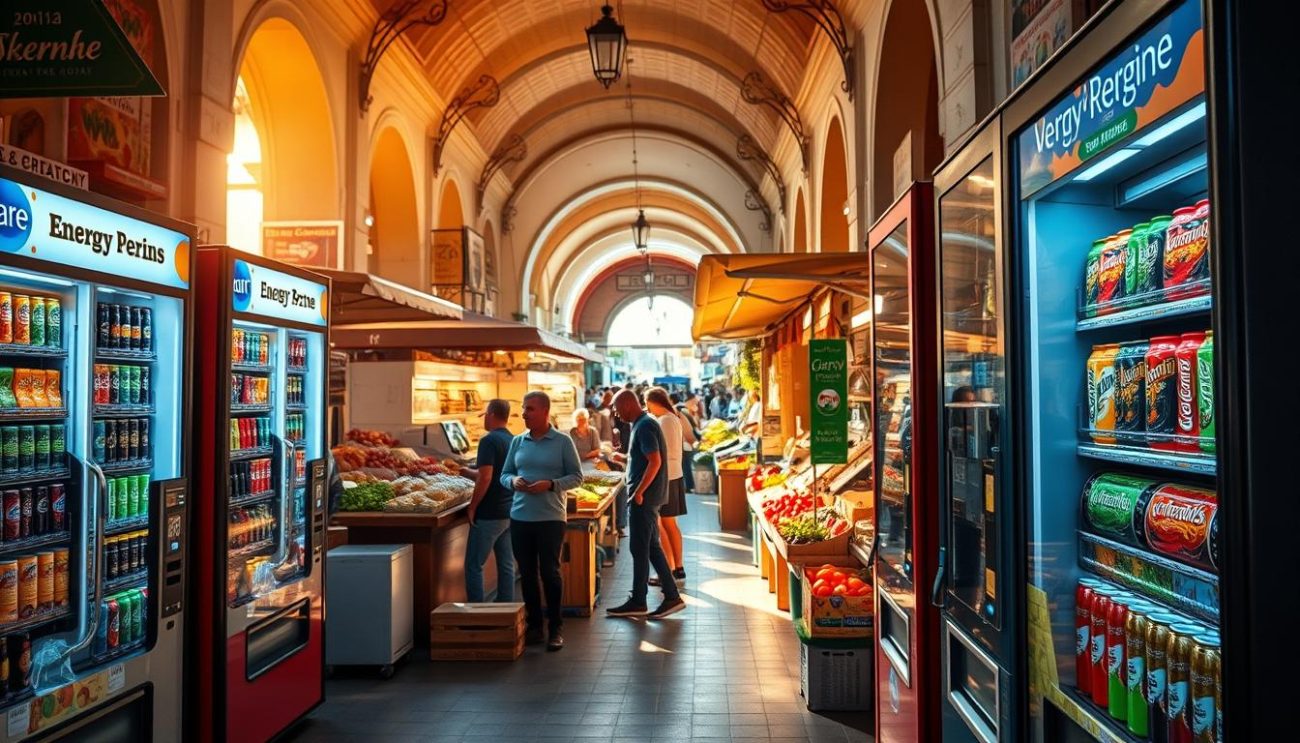 A bustling Italian market, vibrant with energy drink vending machines. In the foreground, sleek and modern machines stand ready, their colorful displays tempting passersby. The middle ground features bustling vendors, their stalls overflowing with fresh produce and delicacies, creating a lively atmosphere. In the background, the warm Mediterranean light filters through the archways, casting a golden glow over the scene. The overall mood is one of dynamic energy and authentic Italian charm, perfect for catering to the unique demands of the local market.