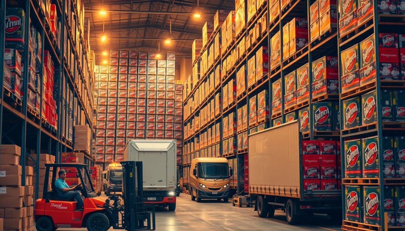 A bustling Italian warehouse, shelves stacked high with vibrant energy drink crates, their labels emblazoned with the iconic logo of a renowned brand. Forklifts maneuver deftly, loading the pallets onto waiting trucks, ready to embark on a journey of expansion across the nation's burgeoning B2B landscape. Warm, diffused lighting casts a golden glow, highlighting the efficiency and anticipation of this logistical operation. In the background, the hum of activity and the occasional shout of a warehouse worker create a sense of dynamic energy, reflecting the growth and potential of the Italian energy drink market.