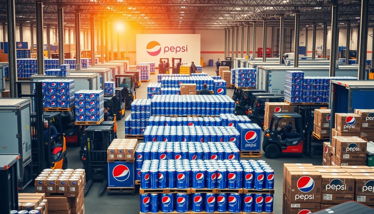 A bustling Pepsi wholesale distribution center, with forklifts and workers efficiently loading pallets of the iconic blue and red cans onto delivery trucks. The scene is bathed in warm, natural lighting, creating a sense of productivity and professionalism. In the middle ground, rows of shelves display the various Pepsi product lines, catering to the diverse business sectors they serve. The background features the company's branding, prominently showcasing the Pepsi logo. The overall atmosphere conveys a well-organized, reliable, and customer-focused operation, ready to meet the needs of its clients.