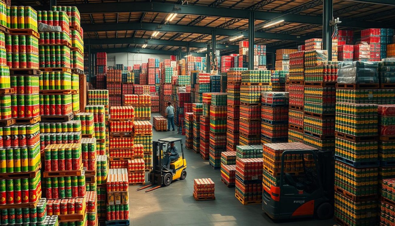 A bustling beverage distribution hub in Italy, with crates and pallets of colorful canned sodas stacked high, ready for export. The warehouse interior is bathed in warm, diffused lighting, casting gentle shadows and creating a sense of depth. Forklifts and workers scurry about, orchestrating the efficient loading of goods onto waiting trucks. The scene conveys a thriving, well-oiled distribution network, catering to the evolving tastes and demands of the European market.