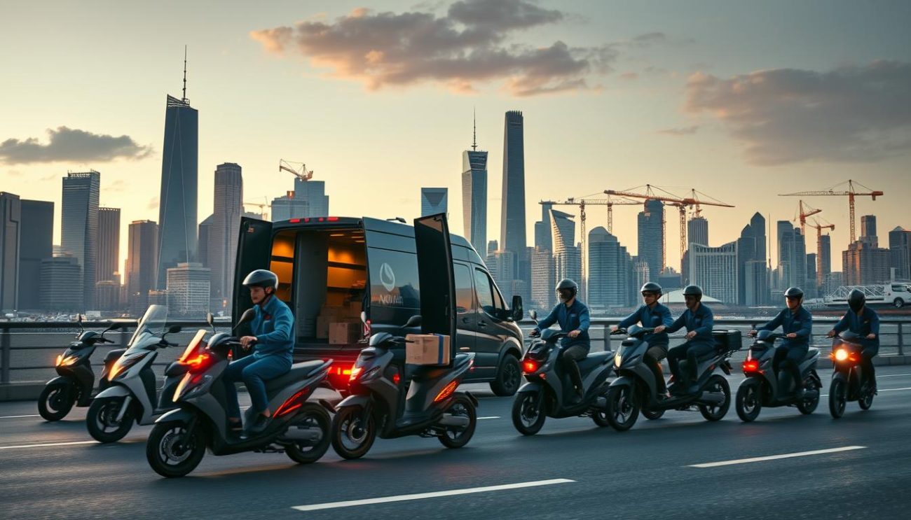 A bustling city skyline at dusk, with sleek delivery vehicles racing through the streets. In the foreground, a fleet of high-tech electric scooters and cargo bikes zip past, their LED lights glowing. In the middle ground, a team of uniformed couriers load packages into the back of a state-of-the-art delivery van, its exterior emblazoned with the logo of a renowned logistics company. In the background, towering skyscrapers and cranes dot the horizon, casting long shadows across the scene. Warm, amber lighting bathes the entire composition, creating a sense of urgency and efficiency.