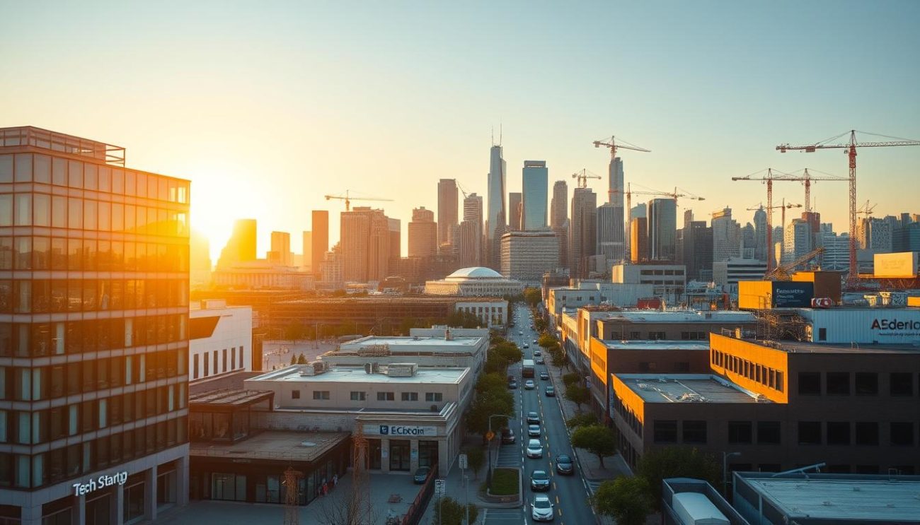 A bustling cityscape with diverse business sectors represented, bathed in warm, golden afternoon light. In the foreground, a modern office building with sleek glass facades, surrounded by smaller shops and restaurants. In the middle ground, a busy street lined with a variety of establishments - a tech startup, a traditional manufacturing plant, a healthcare facility, and a thriving e-commerce warehouse. In the background, towering skyscrapers and cranes, suggesting continued growth and development. The scene conveys a vibrant, prosperous urban environment where various industries coexist and contribute to a thriving economic ecosystem.