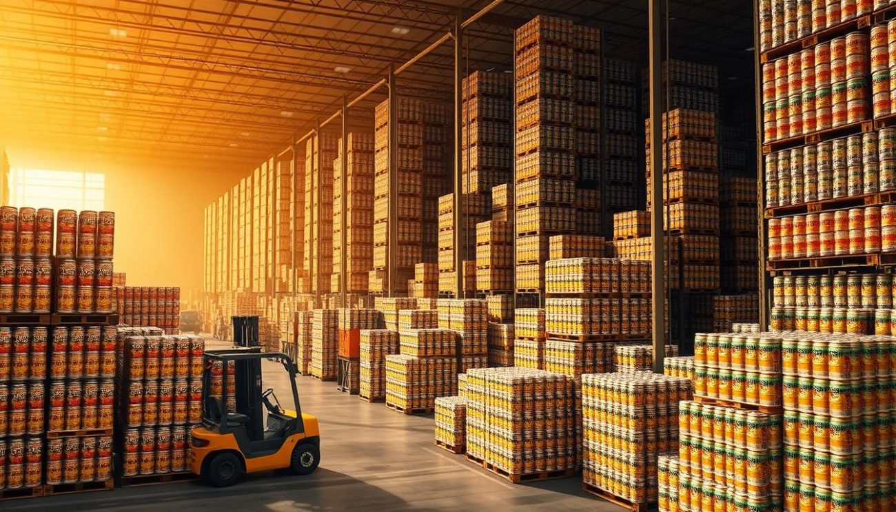 A bustling energy drink distribution center in the heart of Italy. Rows of stacked pallets brimming with vibrant cans, meticulously organized for efficient bulk transport. Forklifts maneuver through the cavernous warehouse, loading trucks with precision. Warm, diffused lighting casts a golden glow, complementing the dynamic energy of the scene. Towering shelves line the background, hinting at the immense scale of the operation. The atmosphere exudes a sense of smooth, optimized logistics, ready to supply European markets with the boost they crave.