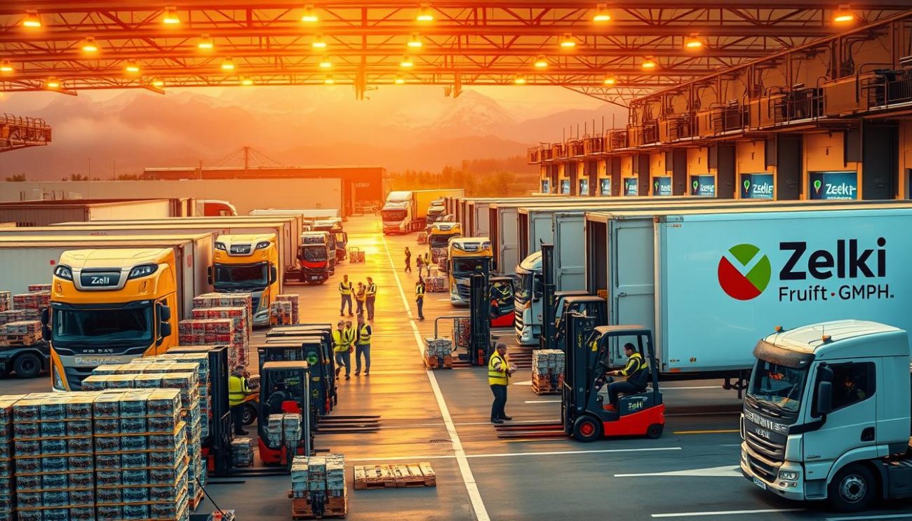 A bustling freight terminal in Austria, illuminated by warm overhead lighting. In the foreground, a fleet of delivery trucks emblazoned with the logo of "Zeki Frucht GmbH" load and unload crates of energy drinks bound for export. Forklifts efficiently navigate the busy warehouse, transferring pallets between storage and loading bays. In the middle ground, workers in high-visibility vests coordinate the logistics, checking manifests and overseeing the smooth flow of goods. In the background, the Austrian Alps loom, a testament to the country's rugged natural beauty. The scene conveys the efficiency, reliability, and global reach of Zeki Frucht's energy drink distribution network.