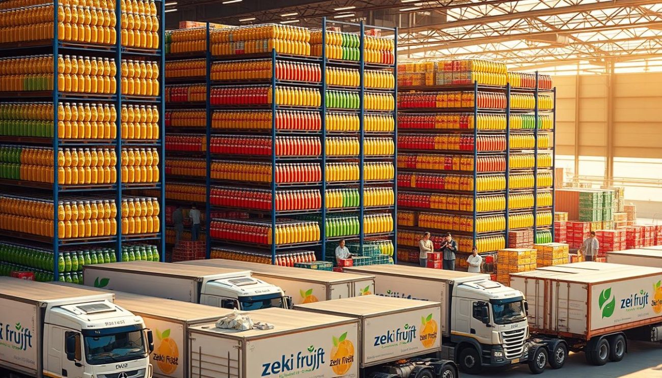 A bustling hydration drink distribution center, bathed in warm, golden lighting. In the foreground, a fleet of delivery trucks, their panels emblazoned with the Zeki Frucht logo, ready to transport the refreshing beverages across the region. The middle ground showcases towering shelves stocked with an array of vibrant, colorful drink bottles, each one meticulously organized. In the background, a team of efficient workers meticulously preparing shipments, ensuring the highest level of reliability and speed. The overall atmosphere exudes a sense of professionalism, efficiency, and a commitment to providing the best hydration solutions to customers.