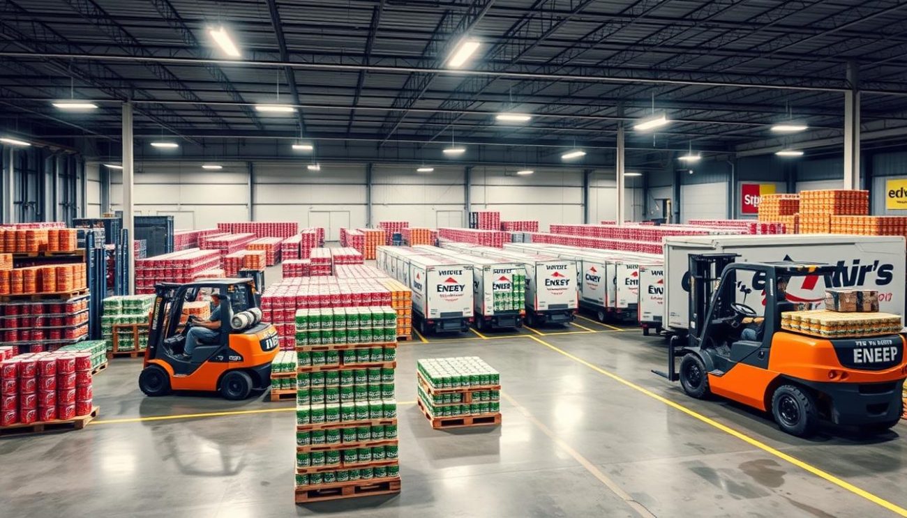A bustling logistics hub for a top-selling energy drink brand. In the foreground, forklifts efficiently load pallets of colorful cans onto delivery trucks. The middle ground features a modern warehouse with rows of neatly stacked product. Bright fluorescent lighting casts a crisp, industrial atmosphere. In the background, a fleet of branded delivery vans waits to distribute the energy drinks to retailers nationwide. The scene conveys a sense of precision, speed, and reliability - the hallmarks of a well-oiled supply chain operation.
