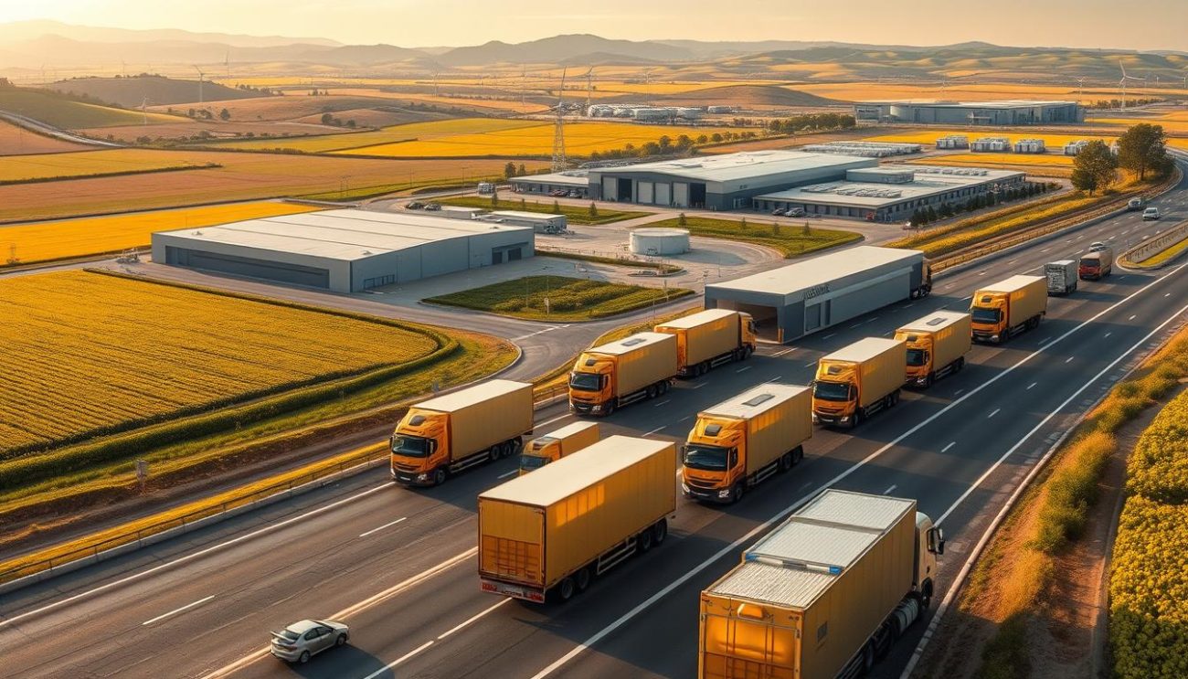 A bustling logistics hub showcasing the efficient distribution of premium canola oil across the Spanish landscape. In the foreground, a fleet of delivery trucks and vans navigate a web of well-paved roads, their cargo holds brimming with sealed canisters of golden-hued liquid. In the middle ground, modern warehouses and distribution centers dot the horizon, their sleek facades and automated loading docks testament to the high-tech supply chain. The background frames this activity with a panoramic vista of rolling hills, vibrant fields of canola, and the occasional windmill, creating a picturesque rural setting. Soft, warm lighting bathes the scene, evoking a sense of prosperity and agricultural abundance. This image captures the seamless integration of logistics and agriculture that powers the thriving Spanish canola oil trade.