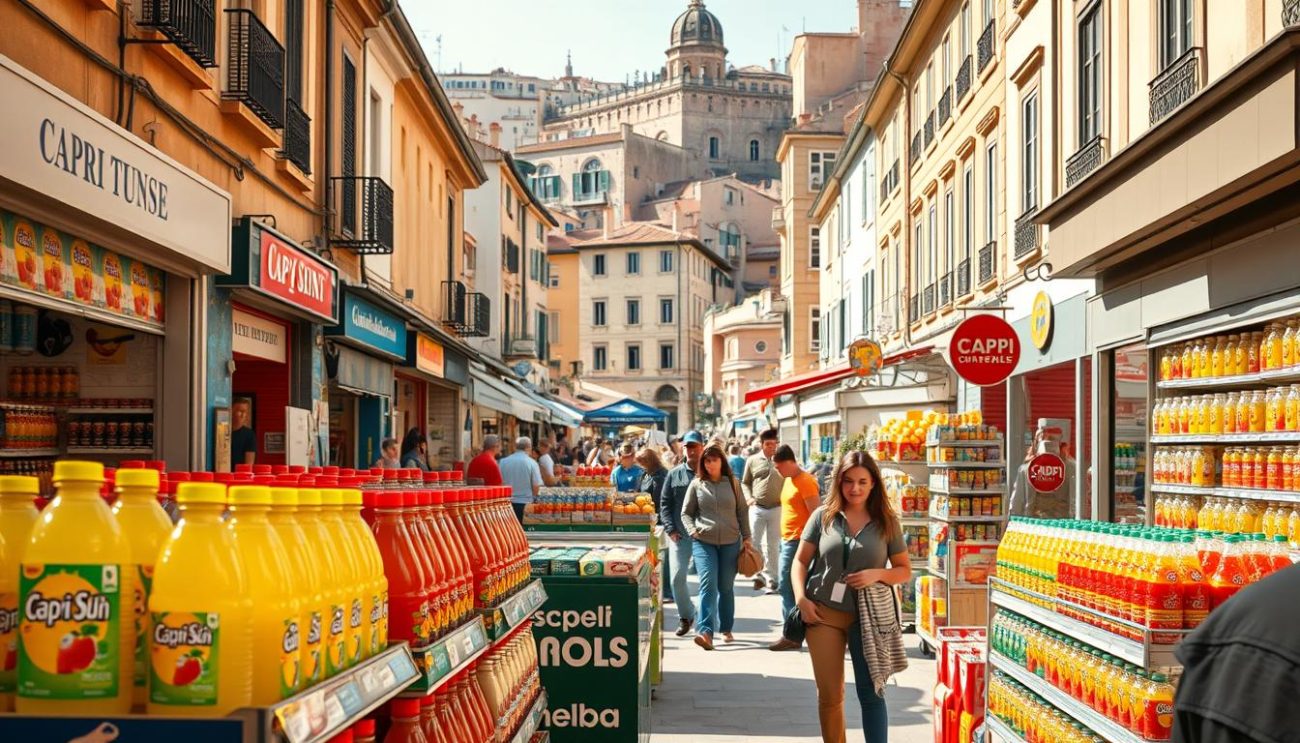 A bustling marketplace in a vibrant European city, showcasing the diverse retail landscape for the iconic Capri Sun beverage. In the foreground, an array of colorful Capri Sun products are displayed on neatly organized shelves, inviting passersby to quench their thirst. The middle ground features a diverse mix of retailers, from small corner stores to larger supermarkets, all vying for the attention of health-conscious consumers. In the background, the city's historic architecture sets the stage, creating a sense of timelessness and tradition. Warm, natural lighting filters through the scene, evoking a welcoming and approachable atmosphere. The overall composition conveys the wide-ranging availability and popularity of Capri Sun across the city's thriving retail ecosystem.