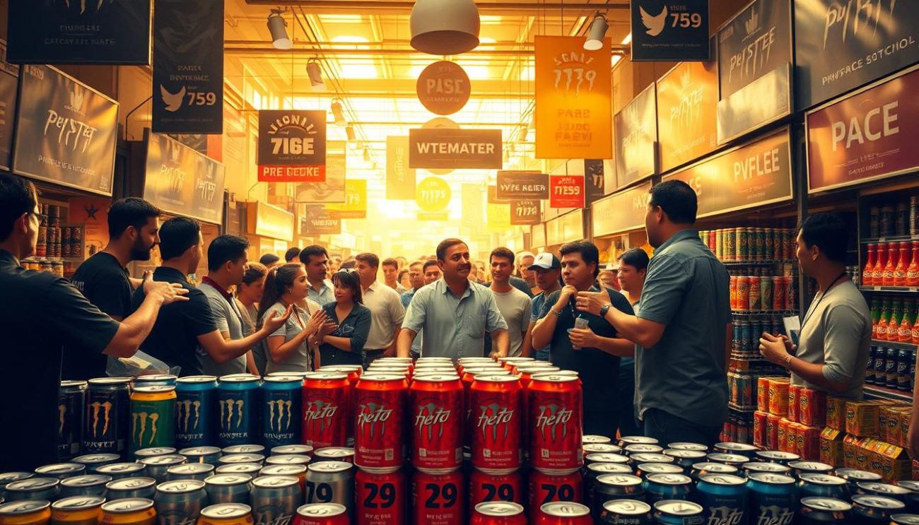 A bustling marketplace with vendors jockeying for attention, showcasing an array of energy drink brands. The foreground features a central display of cans, their prices prominently displayed and strategically arranged to draw the eye. The middle ground depicts animated salespeople gesturing enthusiastically, engaging potential customers. In the background, a vibrant mix of store signage, banners, and product displays creates a sense of competition and dynamic pricing strategies. The lighting is warm and inviting, casting a golden glow over the scene, conveying a sense of energy and excitement. The overall atmosphere is one of a lively, competitive environment where suppliers vie for the attention and loyalty of discerning consumers.
