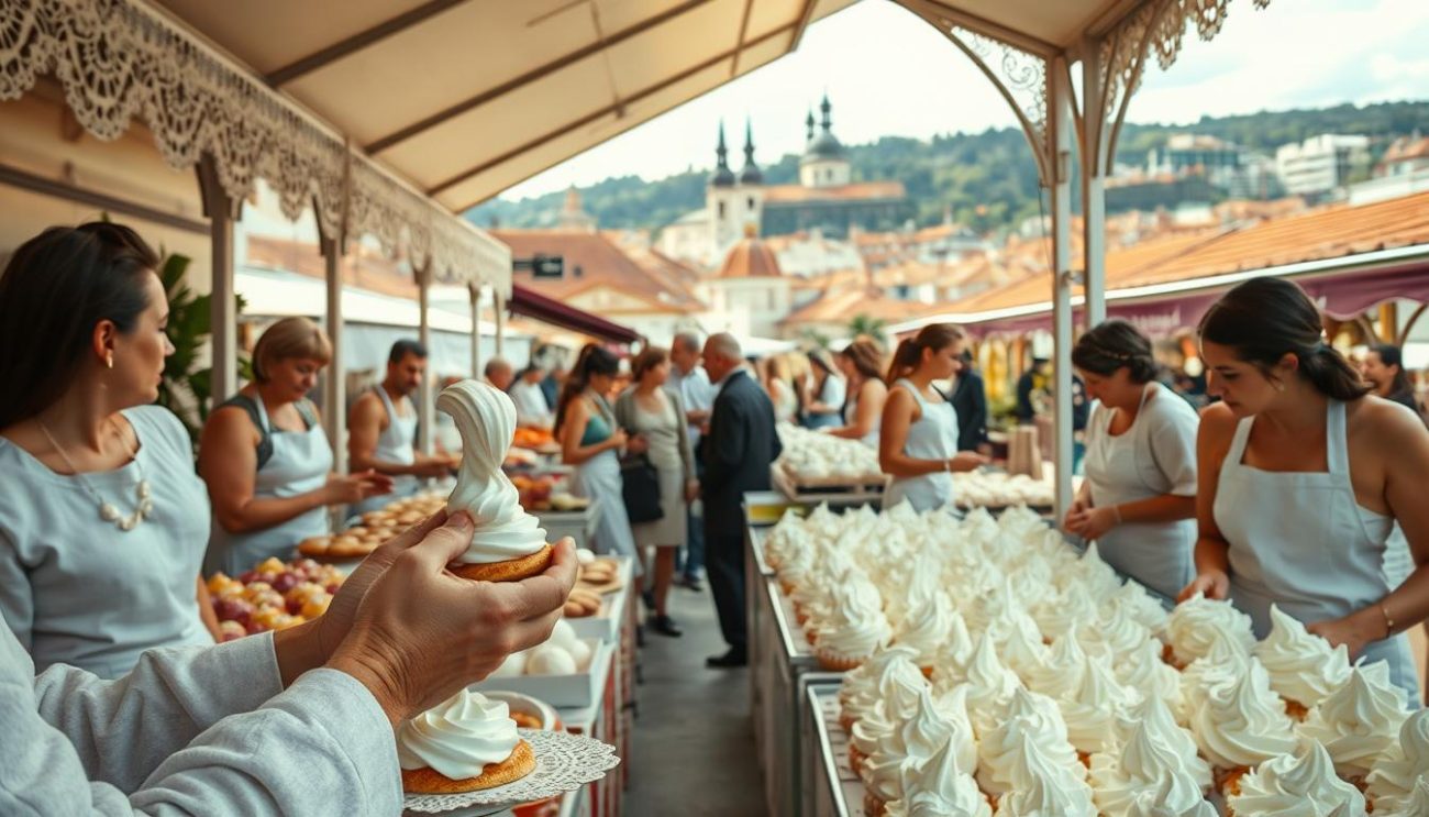 A bustling open-air market with rows of white-aproned chantilly purveyors, their stalls adorned with delicate lace doilies and overflowing with mounds of fresh, whipped cream. Soft, natural lighting filters through the open-air pavilion, casting a warm glow on the scene. In the foreground, a pair of hands deftly dollops chantilly onto a freshly baked pastry, while in the middle ground, customers peruse the offerings, chatting animatedly. In the background, a picturesque cityscape with red-tiled roofs and church spires provides a charming backdrop. The overall atmosphere is one of artisanal craftsmanship, local commerce, and the rich culinary traditions of the region.
