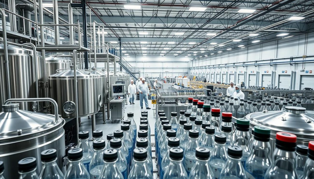 A bustling private label energy drink manufacturing facility, with rows of gleaming stainless steel mixing tanks and bottling lines in the foreground. In the middle ground, workers in clean-room suits oversee the production, carefully monitoring quality control. The background features a panoramic view of the facility, with towering warehouses and loading docks, reflecting the scale and efficiency of the operation. Bright, diffused lighting illuminates the scene, creating a sense of modern, high-tech industry. The atmosphere conveys a blend of precision, professionalism, and the energy of the products being manufactured.
