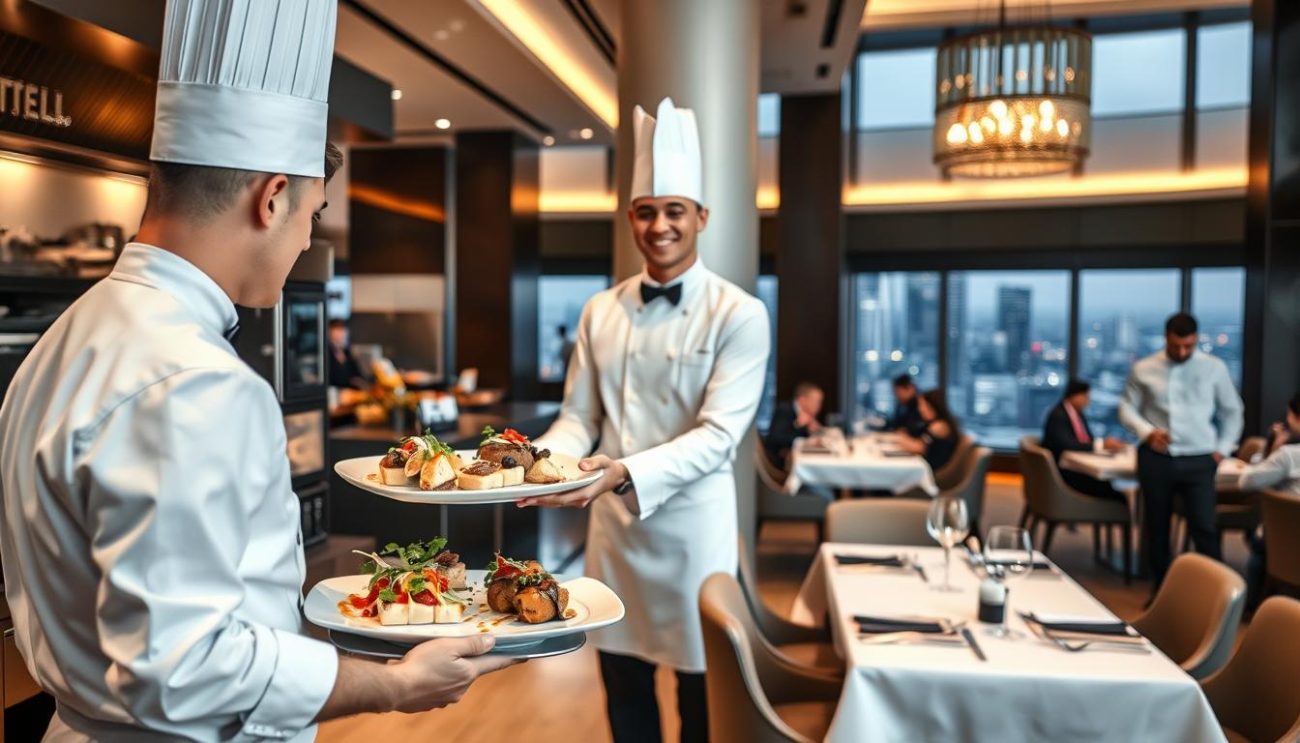 A bustling restaurant and hotel industry setting, with chefs in crisp white uniforms working diligently in a well-equipped kitchen. In the foreground, a server carrying a tray of gourmet dishes, their elegant presentation highlighted by warm, diffused lighting. In the middle ground, a maître d' welcomes guests at the front of the house, while patrons dine at neatly set tables. The background showcases a modern, upscale hotel lobby, with sleek furnishings and floor-to-ceiling windows providing a view of a vibrant city skyline. The overall atmosphere conveys a sense of professionalism, hospitality, and high-quality service, characteristic of the HORECA (Hotel, Restaurant, Catering) segment.