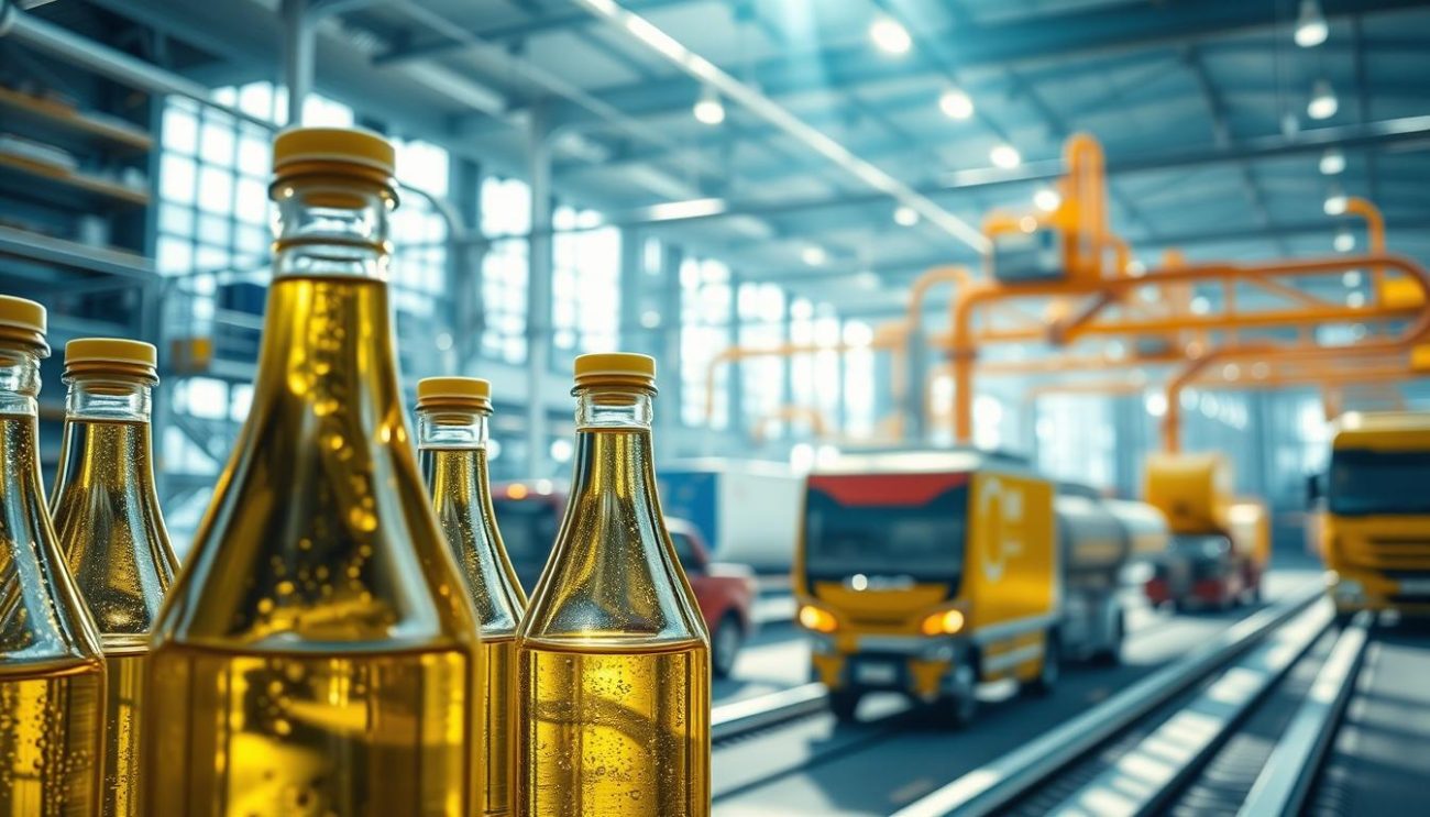 A bustling supply chain landscape, with transparent glass bottles filled with glistening golden canola oil at the forefront. Behind them, a network of interconnected pipelines and transport vehicles, conveying the oil from field to factory to store. Sunlight streams in, casting a warm, natural glow over the scene, emphasizing the purity and quality of the product. The overall composition is clean, modern, and inviting, highlighting the importance of traceability and accountability in the canola oil industry. A sense of trust and reliability permeates the image, reflecting the core values of this critical supply chain.
