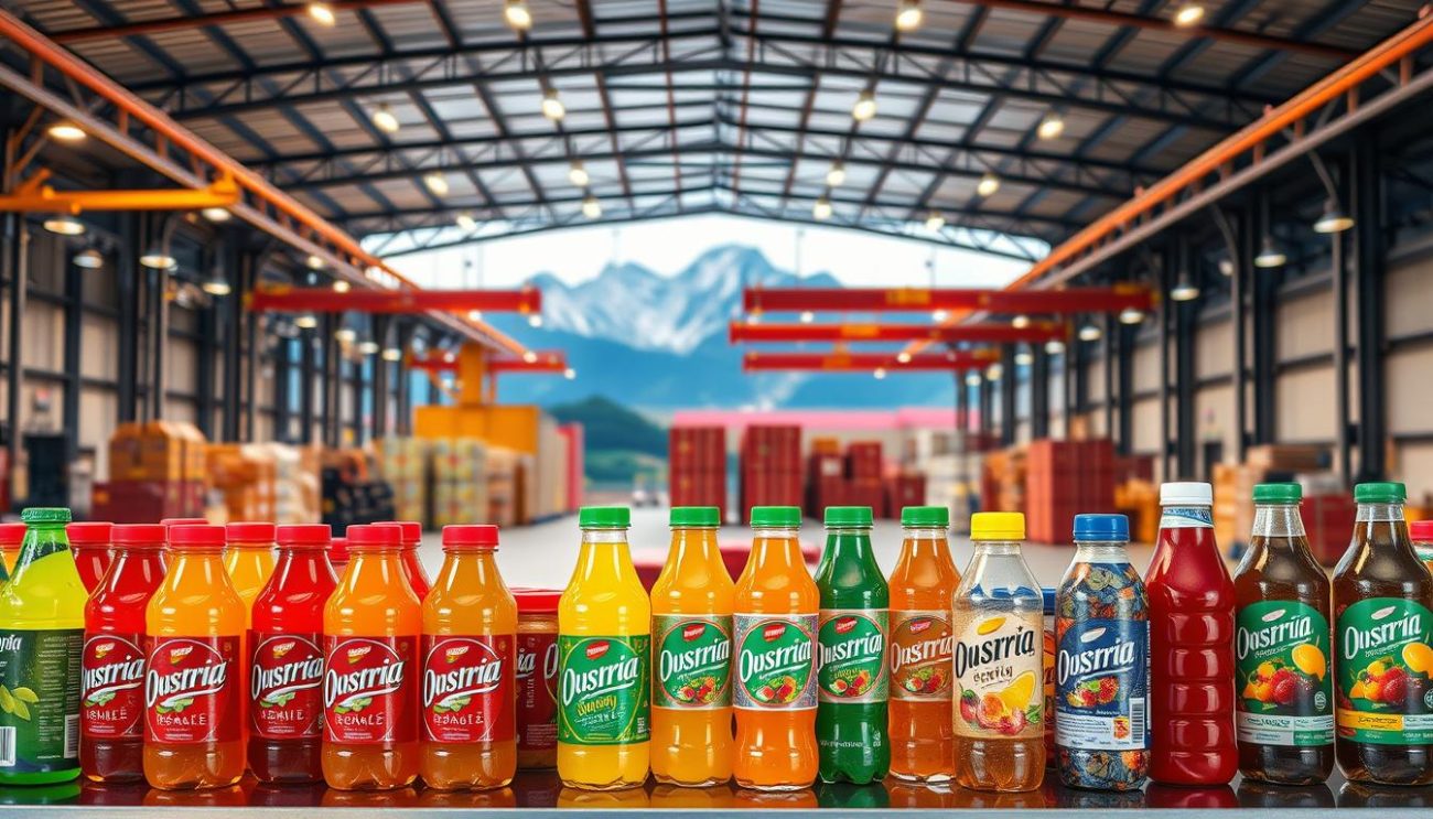 A bustling trade hub showcasing Austria's celebrated beverage exports. In the foreground, an array of vibrant, premium energy drinks and fruit juices, meticulously packaged and ready for global distribution. The middle ground features a modern, state-of-the-art logistics facility, its sleek architecture and efficient workflows reflecting the precision and reliability of the Austrian brand. In the background, the majestic Alps provide a scenic backdrop, symbolizing the natural vitality and craftsmanship that imbue these sought-after beverages. Warm, diffused lighting accentuates the rich colors and glossy surfaces, creating an atmosphere of quality, professionalism, and international appeal.