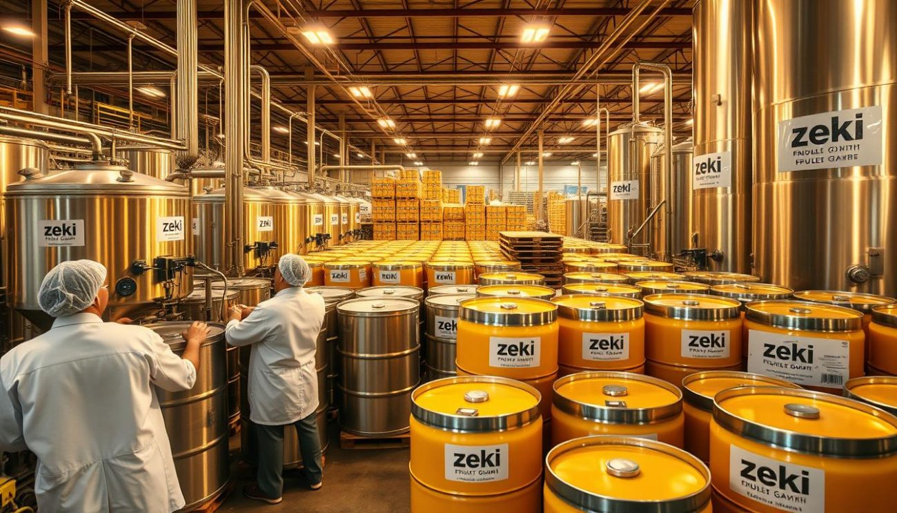 A bustling warehouse filled with industrial-sized barrels and tanks, their labels indicating a variety of premium fruit juice concentrates. The warm lighting casts a golden glow, reflecting off the gleaming metal surfaces. In the foreground, workers in white coats and hairnets carefully monitor the filling and sealing process, ensuring quality control. The middle ground showcases towering stacks of pallets, each one neatly labeled with the Zeki Frucht GmbH logo. In the background, a panoramic view of the production facility, with state-of-the-art machinery and efficient workflows. The overall atmosphere conveys a sense of expertise, precision, and a commitment to delivering the finest fruit juice concentrates to discerning clients worldwide.
