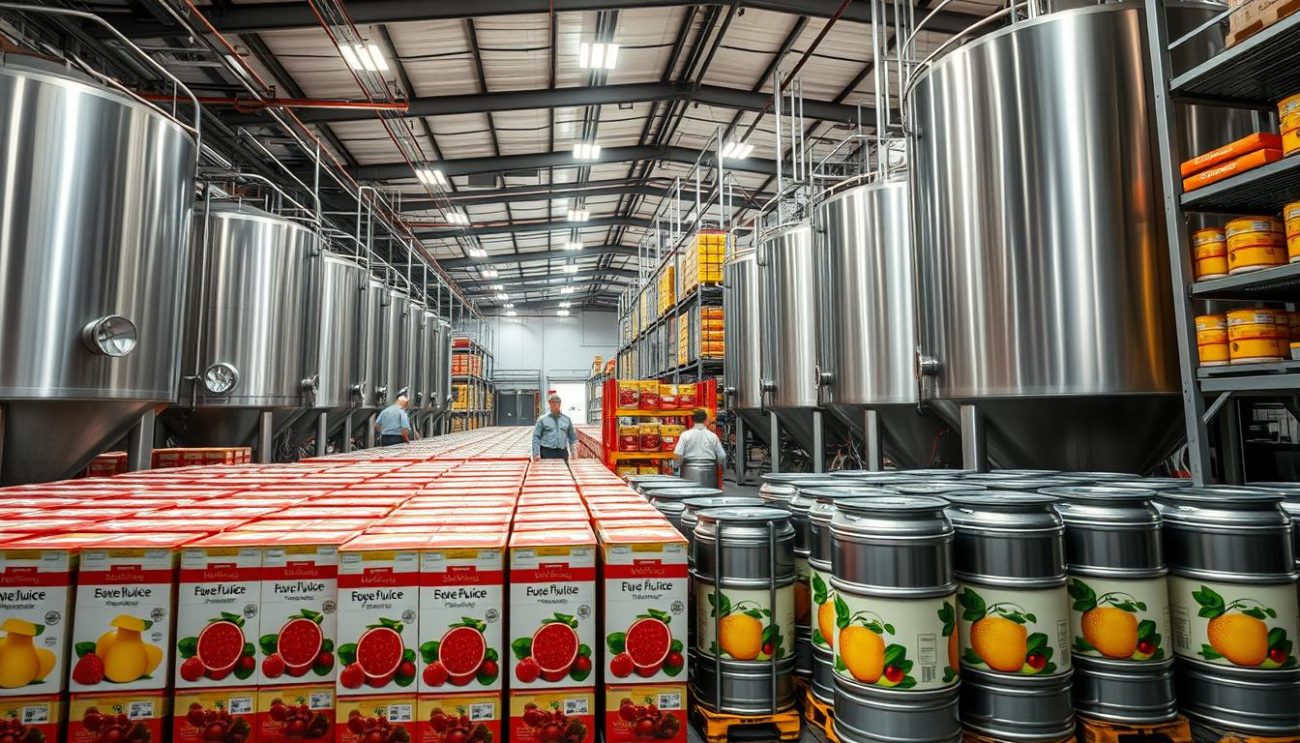 A bustling warehouse filled with rows of large stainless steel tanks and metal shelving, housing an abundance of freshly squeezed fruit juices. The foreground showcases neatly stacked crates and barrels, each labeled with vibrant fruit imagery, conveying the high-quality and natural essence of the products. Bright, overhead lighting casts a warm glow, highlighting the gleaming surfaces and creating a sense of cleanliness and efficiency. In the background, uniformed workers meticulously inspect and package the juice concentrates, ready to be shipped to supermarkets and retail chains worldwide. An atmosphere of professionalism, attention to detail, and a commitment to delivering the finest fruit-based beverages.