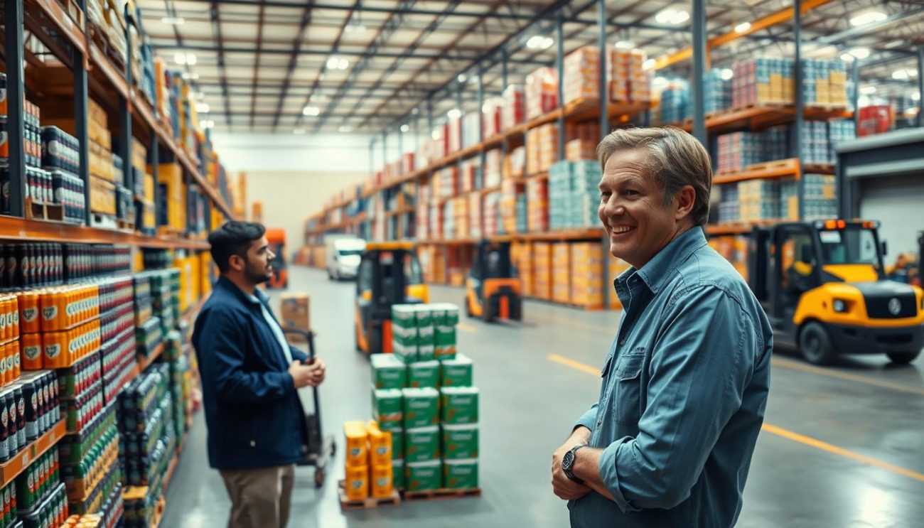 A bustling warehouse filled with rows of neatly stacked energy drink cases, the bright colors of the packaging catching the warm overhead lighting. Forklift operators deftly navigate the aisles, loading shipments onto delivery trucks waiting at the loading dock. In the foreground, a customer service representative greets a client with a friendly smile, discussing the latest promotional offers and ensuring their order is processed efficiently. The atmosphere is one of professionalism and attention to detail, reflecting the exceptional customer service that has made this leading energy drink distributor a trusted partner for businesses across the region.