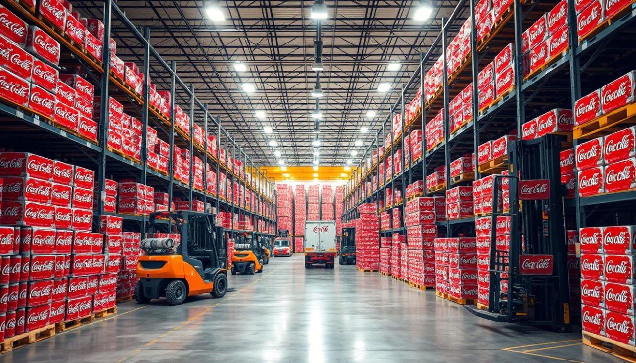 A bustling warehouse filled with rows of stacked Coca-Cola 330ml cans, ready for efficient distribution. Forklifts move pallets through the cavernous space, their tires leaving clean tracks on the polished concrete floor. Bright overhead lights cast a warm glow, illuminating the intricate web of logistics at play. Conveyor belts carry cases toward loading bays, where delivery trucks stand poised to transport the goods to their final destinations across Europe. The scene exudes a sense of precision, organization, and the seamless coordination required to ensure timely and reliable product delivery.
