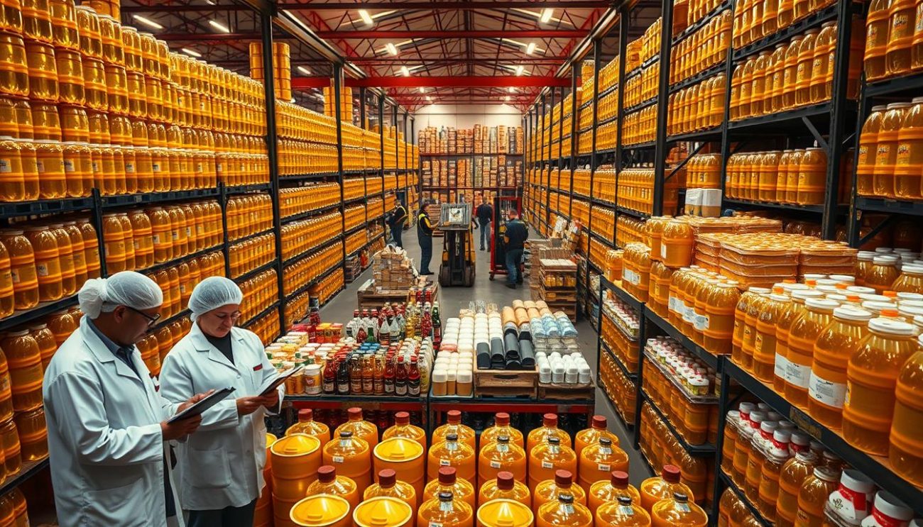 A bustling warehouse filled with stacks of canola oil drums, the golden liquid gleaming under warm industrial lighting. In the foreground, a group of professionals in crisp white coats and hair nets examine the products, clipboards in hand. Rows of shelves line the middle ground, neatly organized with various bottles, jars, and containers - a diverse range of canola-based goods. In the background, a team of forklift operators efficiently move pallets, showcasing the scale and efficiency of this wholesale operation. The scene conveys a sense of quality control, attention to detail, and a commitment to providing a wide array of canola-derived solutions beyond just the oil.