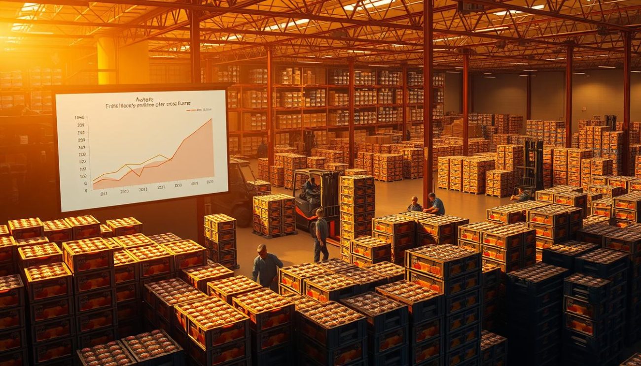 A bustling warehouse filled with stacks of fruit-flavored soft drink crates, ready for shipment. The scene is bathed in warm, diffused lighting, casting a golden glow across the scene. In the foreground, workers meticulously arrange the crates, ensuring they are secure and organized. The middle ground features a detailed analysis chart projected onto a large screen, highlighting market trends and growth opportunities. In the background, forklifts move about, transporting additional inventory. The overall atmosphere conveys a sense of efficiency, professionalism, and a focus on delivering quality products to wholesale partners across Europe.