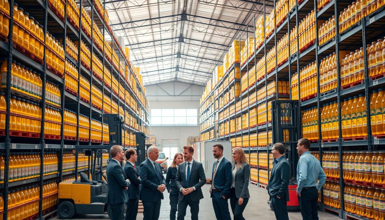 A bustling warehouse interior, brightly lit with natural light streaming through large windows. Rows of stacked metal shelves hold countless bottles and drums of golden canola oil, their labels prominently displayed. Forklift operators deftly navigate the space, loading shipments onto waiting trucks. In the foreground, a group of professional-looking individuals in business attire discuss orders and logistics, surrounded by the hum of activity. The scene conveys a sense of efficient, large-scale distribution, reflecting the role of a trusted wholesale canola oil supplier serving diverse sectors across Europe.