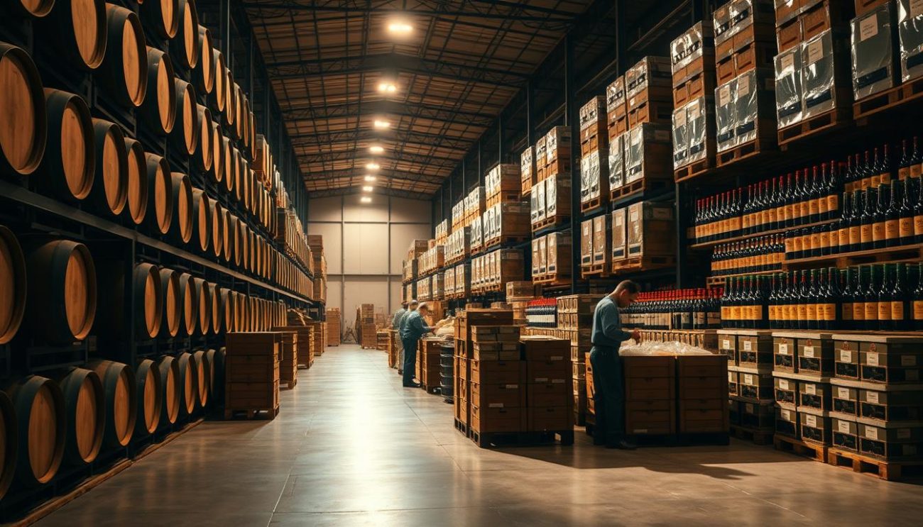 A bustling warehouse interior, dimly lit by warm overhead lighting. Rows of towering oak barrels and stacked crates of bottled spirits line the shelves, casting long shadows across the polished concrete floor. In the foreground, a group of workers meticulously inspect and package cases of premium wines, their expressions focused and professional. The air is thick with the inviting aroma of fine alcohols, creating an atmosphere of quality and expertise. A sense of efficiency and precision pervades the scene, reflecting the reliable, high-caliber services of a renowned bulk wine and spirits exporter serving the EU market.