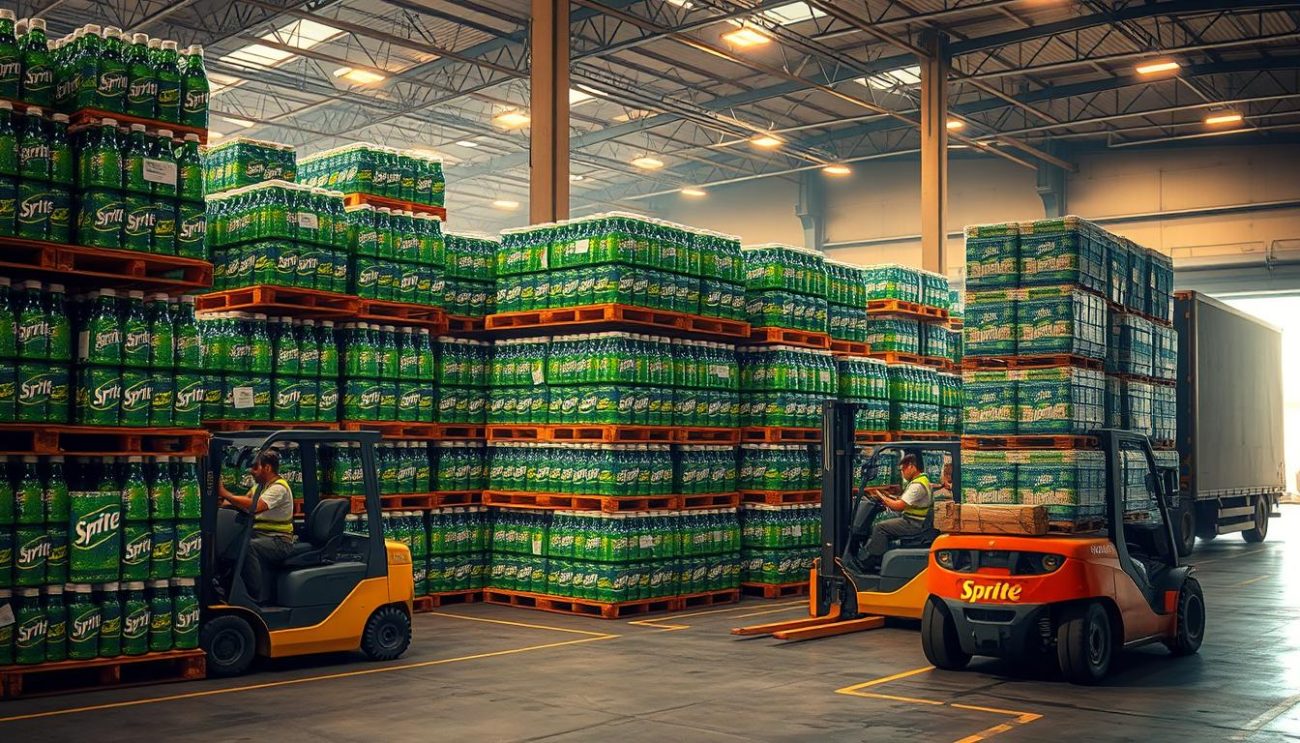 A bustling warehouse interior, filled with pallets stacked high with Sprite 500ml bottles, ready for distribution across Europe. The scene is bathed in warm, diffused lighting, casting a soft glow over the orderly rows of cargo. In the foreground, workers expertly navigate forklifts, carefully loading the pallets onto waiting delivery trucks, their movements coordinated and efficient. The middle ground showcases the shipping process in action, with labels, barcodes, and safety seals visible on the neatly packaged products. In the background, the warehouse's modern architecture provides a sense of scale and industrial prowess, hinting at the vast logistics network powering the distribution of this trusted European beverage brand.