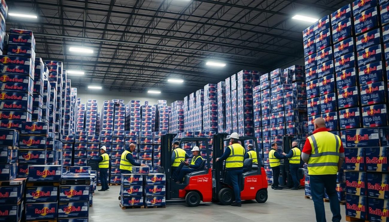 A bustling warehouse interior, filled with stacks of Red Bull crates. Forklifts and workers in high-visibility vests move efficiently, loading and unloading pallets. Bright fluorescent lighting illuminates the scene, casting long shadows. Towering shelves line the walls, neatly organized with Red Bull cases. The atmosphere is one of productivity and efficiency, reflecting the reliable and trustworthy nature of the Red Bull wholesale suppliers. A sense of professionalism and attention to detail pervades the image.