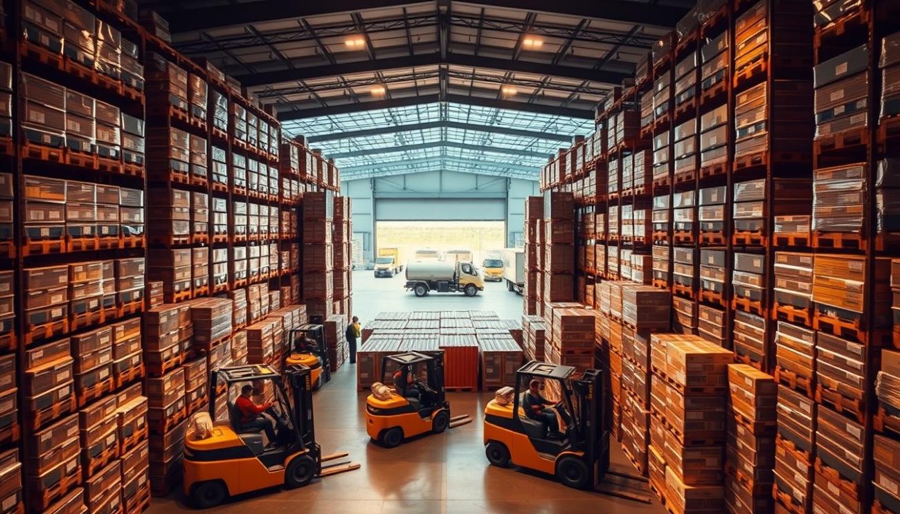 A bustling warehouse interior, filled with towering pallets of export-ready alcoholic beverages. Forklifts maneuver through the space, carefully loading containers bound for the European Union. Warm, directional lighting casts dramatic shadows, accentuating the intricate logistics at play. In the foreground, workers inspect labels and documentation, ensuring meticulous compliance with EU regulations. The middle ground reveals a maze of shelving units, each meticulously organized by product and destination. In the background, a panoramic view of the facility's loading docks, where trucks await to transport the precious cargo across international borders. The scene conveys a sense of efficiency, attention to detail, and the complex yet reliable process of exporting bulk alcoholic beverages to the European market.