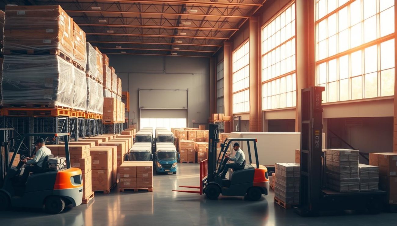 A bustling warehouse interior, with rows of neatly stacked pallets and boxes ready for shipment. Forklift operators deftly navigate the space, loading cargo onto a fleet of delivery trucks lined up at the loading docks. Bright, natural lighting filters in through large windows, casting a warm glow on the efficient, well-organized operations. The scene conveys a sense of precision and productivity, reflecting the company's commitment to reliable, seamless order fulfillment.