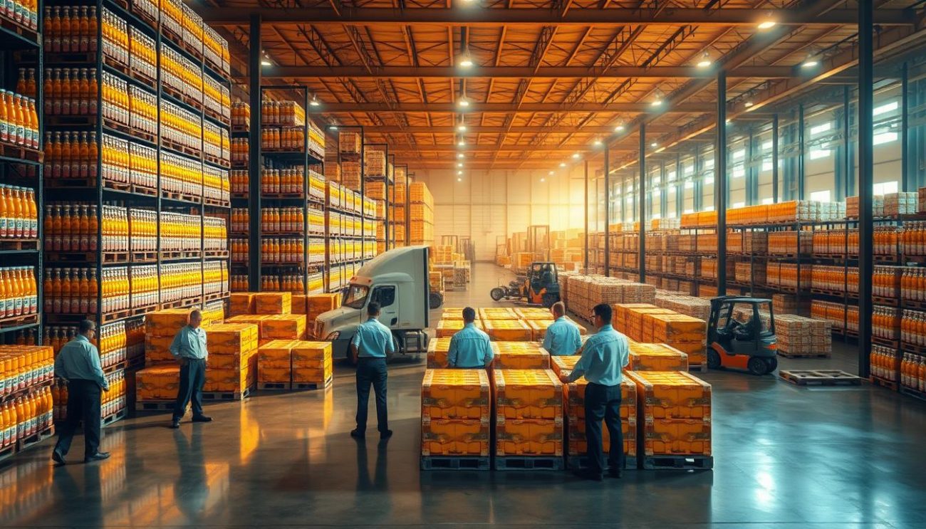 A bustling warehouse interior with rows of neatly stacked pallets, each laden with crates of vibrant, freshly squeezed fruit juices. The scene is bathed in warm, golden lighting, casting a cozy glow across the polished concrete floor. In the foreground, a team of workers in crisp uniforms oversees the loading of a semi-truck, their movements efficient and coordinated. The middle ground showcases a maze of shelving units, each shelf brimming with a variety of juice bottles and cartons, their labels showcasing an array of enticing flavors. In the background, the faint silhouettes of forklift operators can be seen navigating the aisles, transporting the precious cargo to its next destination. The overall atmosphere conveys a sense of industrious productivity, where quality and timeliness are the top priorities.