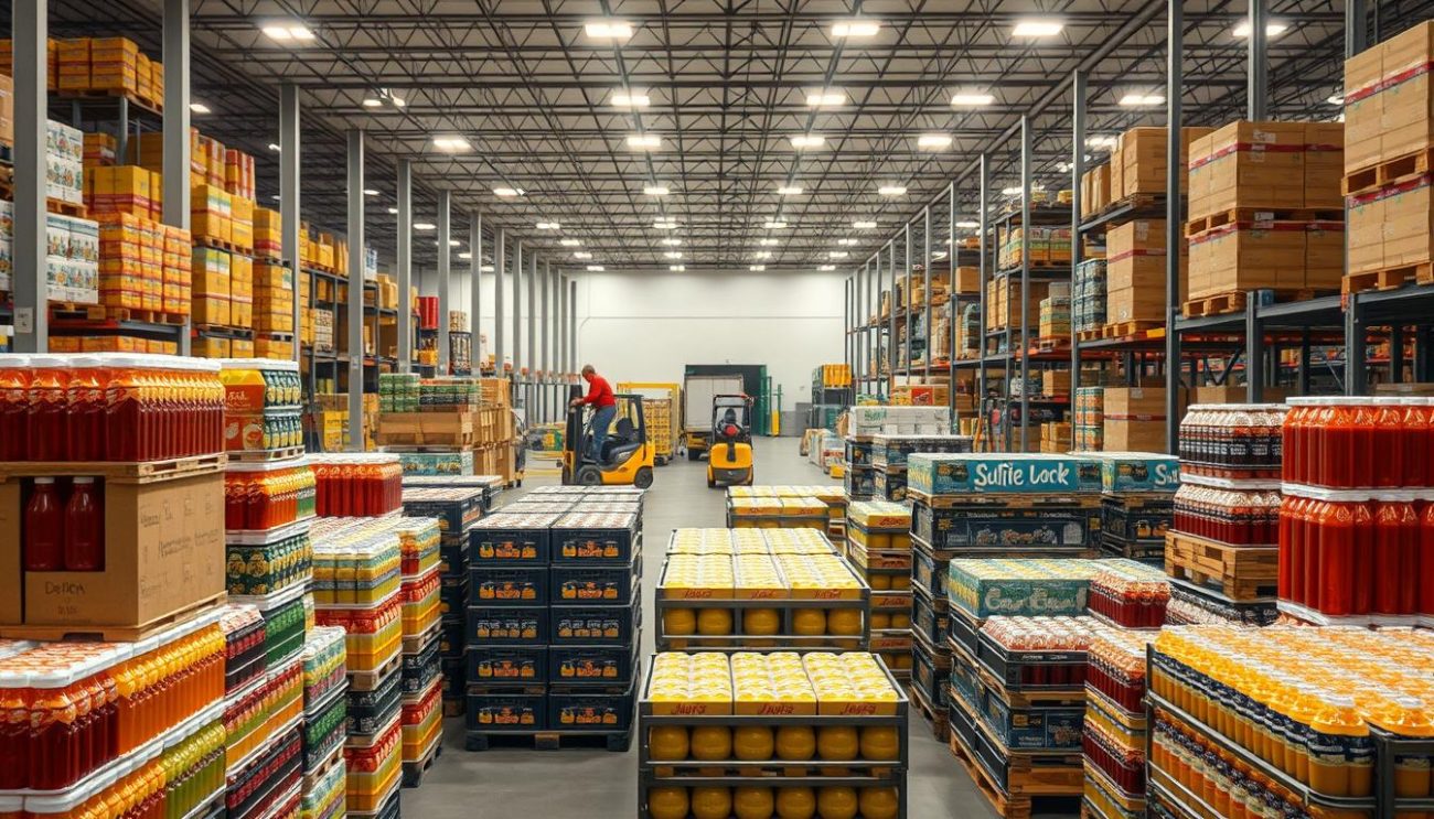 A bustling warehouse scene depicting wholesale beverage distribution. In the foreground, rows of neatly stacked cases and pallets of various juice and soda products, ready for shipment. Bright lighting illuminates the organized chaos, as workers carefully load the goods onto trucks. In the middle ground, forklifts navigate the aisles, transporting more crates to the loading docks. The background reveals the expansive scale of the distribution center, with high ceilings, metal shelving, and the hum of activity. Convey a sense of efficiency, professionalism, and the importance of this critical link in the supply chain for school canteen beverages.
