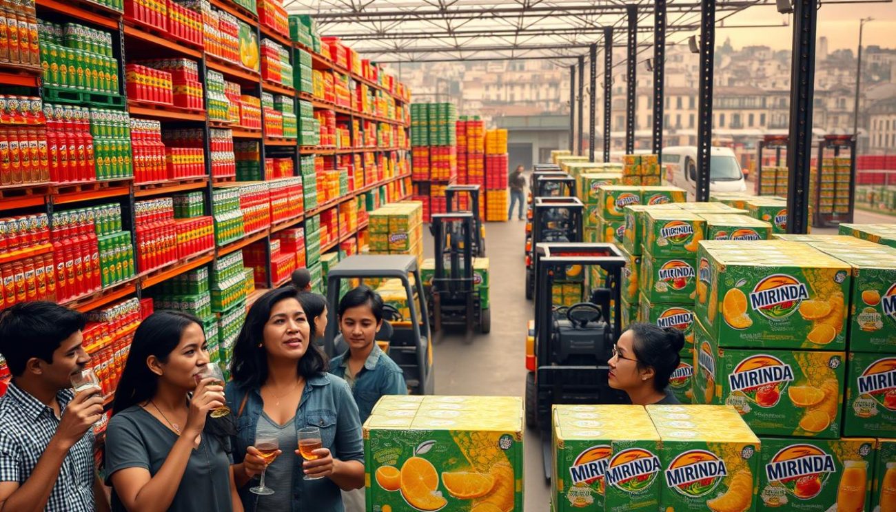 A bustling warehouse scene, shelves stocked with vibrant crates of various carbonated beverages. In the foreground, a group of diverse individuals sipping from glasses, reflecting the diverse target audience. Midground, forklifts moving pallets of Mirinda soda cases, ready for distribution. Soft, warm lighting illuminates the scene, conveying a sense of quality and reliability. The background features a European cityscape, hinting at the brand's reach and popularity. An atmosphere of efficiency, satisfaction, and consumer appeal.