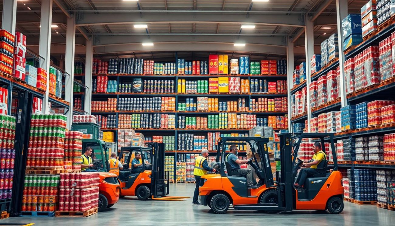 A bustling warehouse scene showcasing the distribution of energy drinks. In the foreground, forklifts expertly maneuver pallets stacked high with vibrant cans and bottles. Warehouse workers in reflective vests efficiently load delivery trucks, the hum of activity filling the air. In the middle ground, rows of shelving units house an array of energy drink brands, their logos and colors creating a dynamic visual display. Bright, overhead lighting casts a warm glow, highlighting the efficiency and organization of the supply chain operations. In the background, the modern architecture of the distribution center frames the scene, conveying a sense of scale and professionalism to the wholesale energy drink supply services.