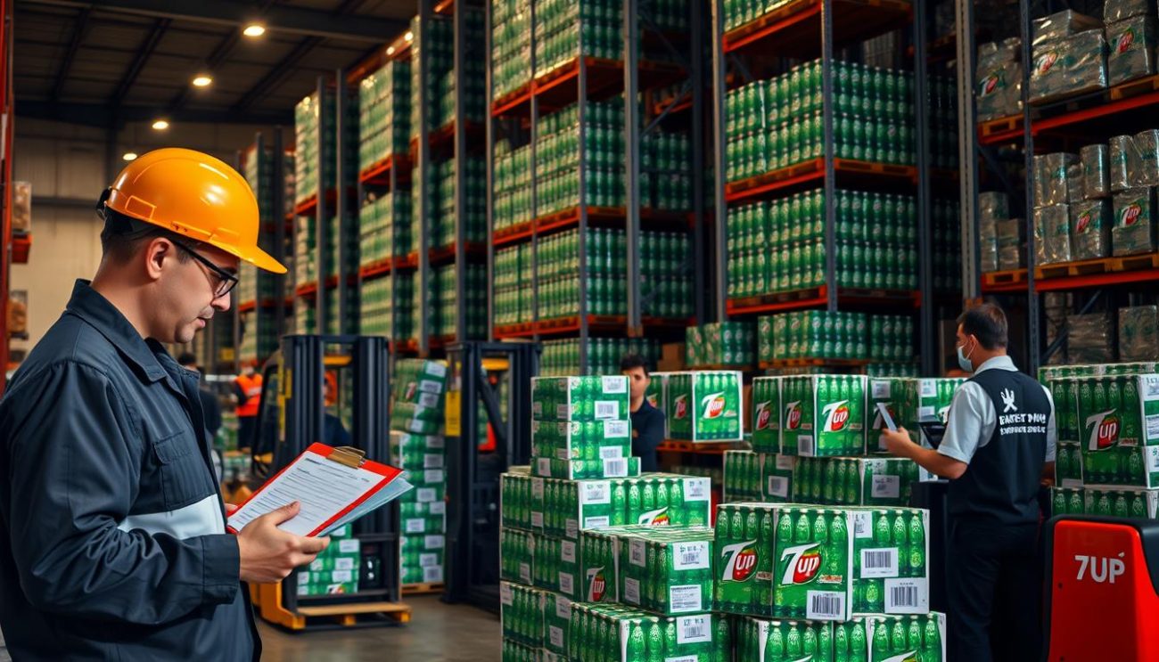 A bustling warehouse scene, with forklifts and workers diligently loading and unloading pallets of 7Up soft drink cases. In the foreground, a worker carefully checks an order form on a clipboard, while in the middle ground, another worker scans barcodes on the product boxes. The background features tall industrial shelving units stacked high with the distinctive green 7Up bottles and cans, bathed in warm, directional lighting that casts dramatic shadows. An atmosphere of efficient, well-oiled logistics pervades the scene, reflecting the "Proceso de pedido y entrega" (Order and Delivery Process) of the 7Up supplier, Zeki Frucht GmbH.